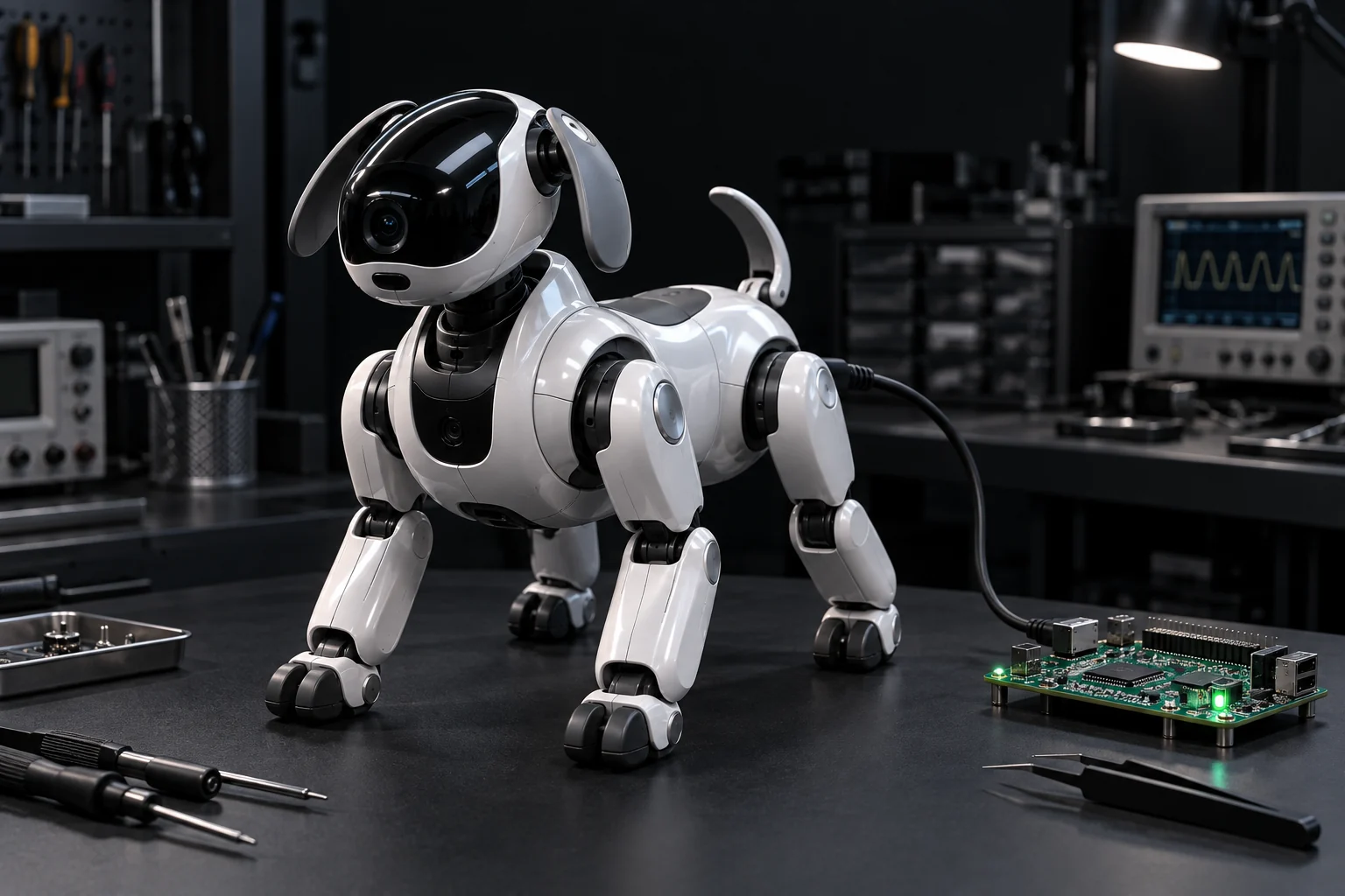 白银色 AIBO 风格四足机器狗与调试控制板的三维实验台示意